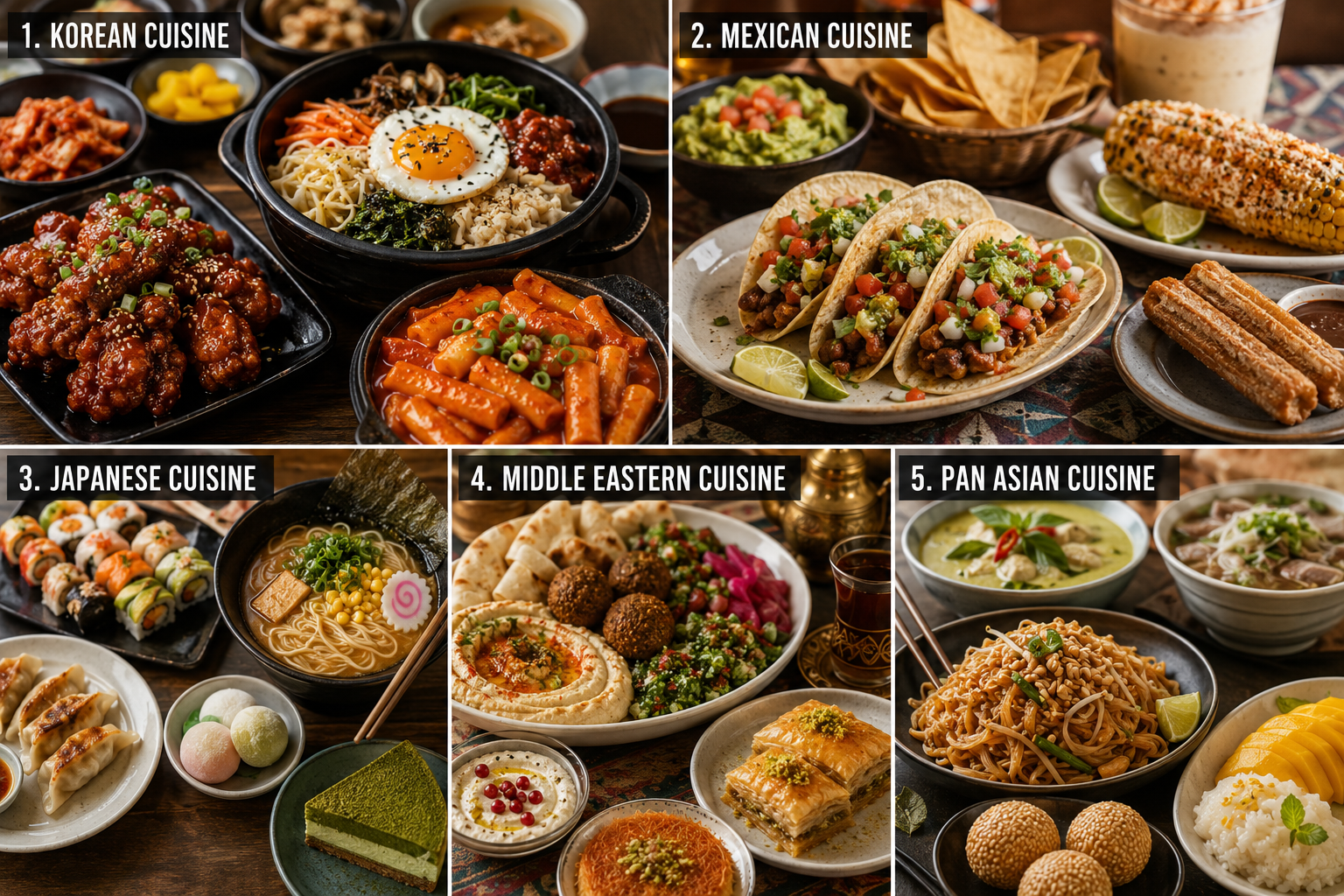 Collage of five global cuisines popular in India including Korean bibimbap and tteokbokki, Mexican tacos and churros, Japanese sushi and ramen, Middle Eastern falafel and hummus, and Pan Asian noodles and curry.
