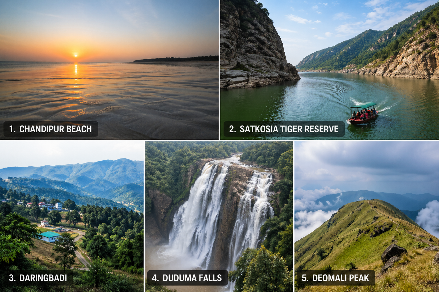 5 hidden places in Odisha you can actually visit in May featuring Chandipur Beach, Satkosia Tiger Reserve, Daringbadi hill station, Duduma Falls waterfall, and Deomali Peak landscape.